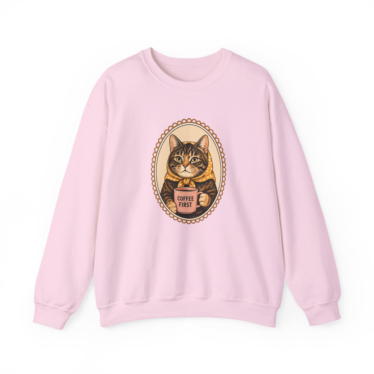 Babushka Cat Coffee First Unisex Heavy Blend™ Crewneck Sweatshirt