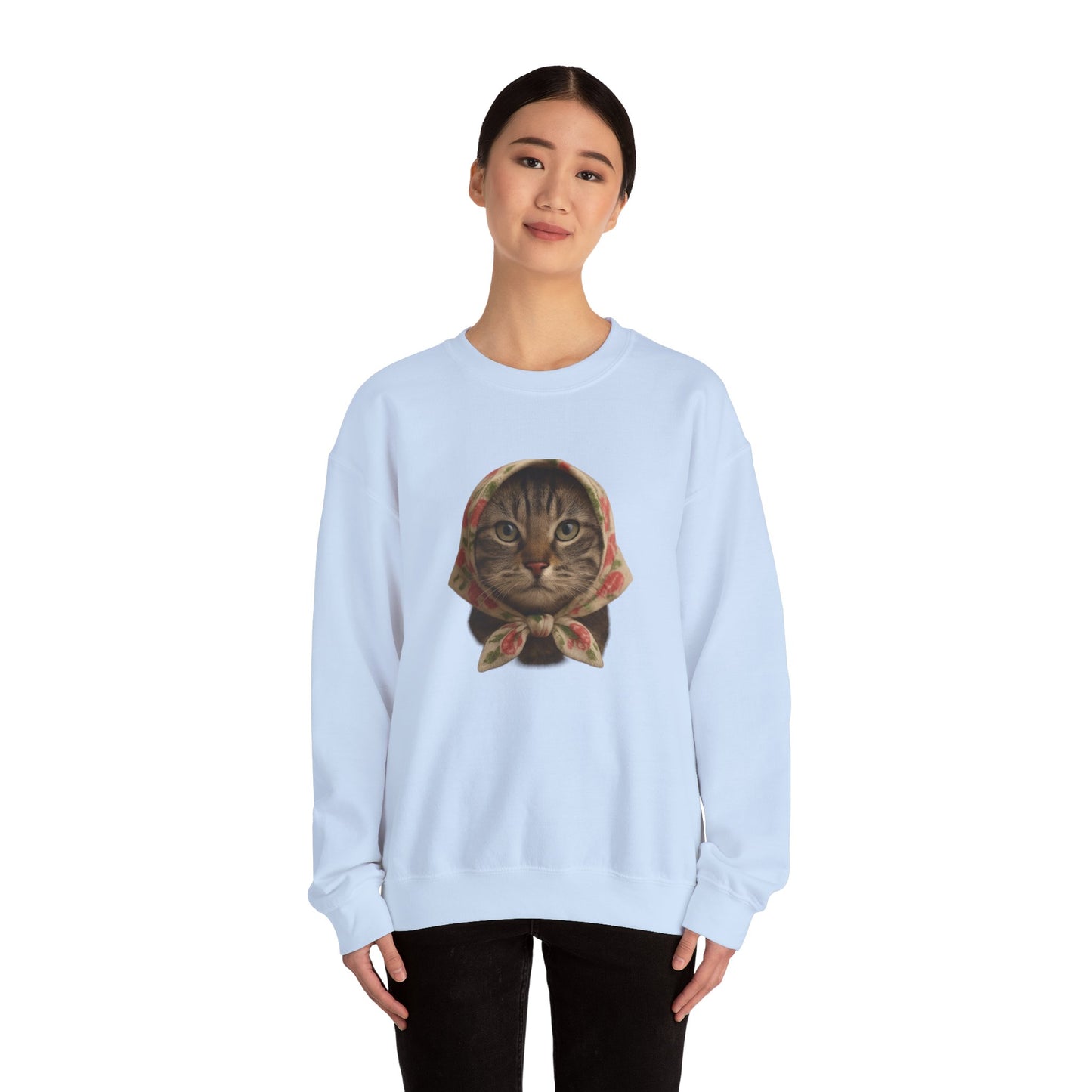 Babushka Cat Sweatshirt, Cozy Crewneck, Unisex Style for Cozy Everyday Wear