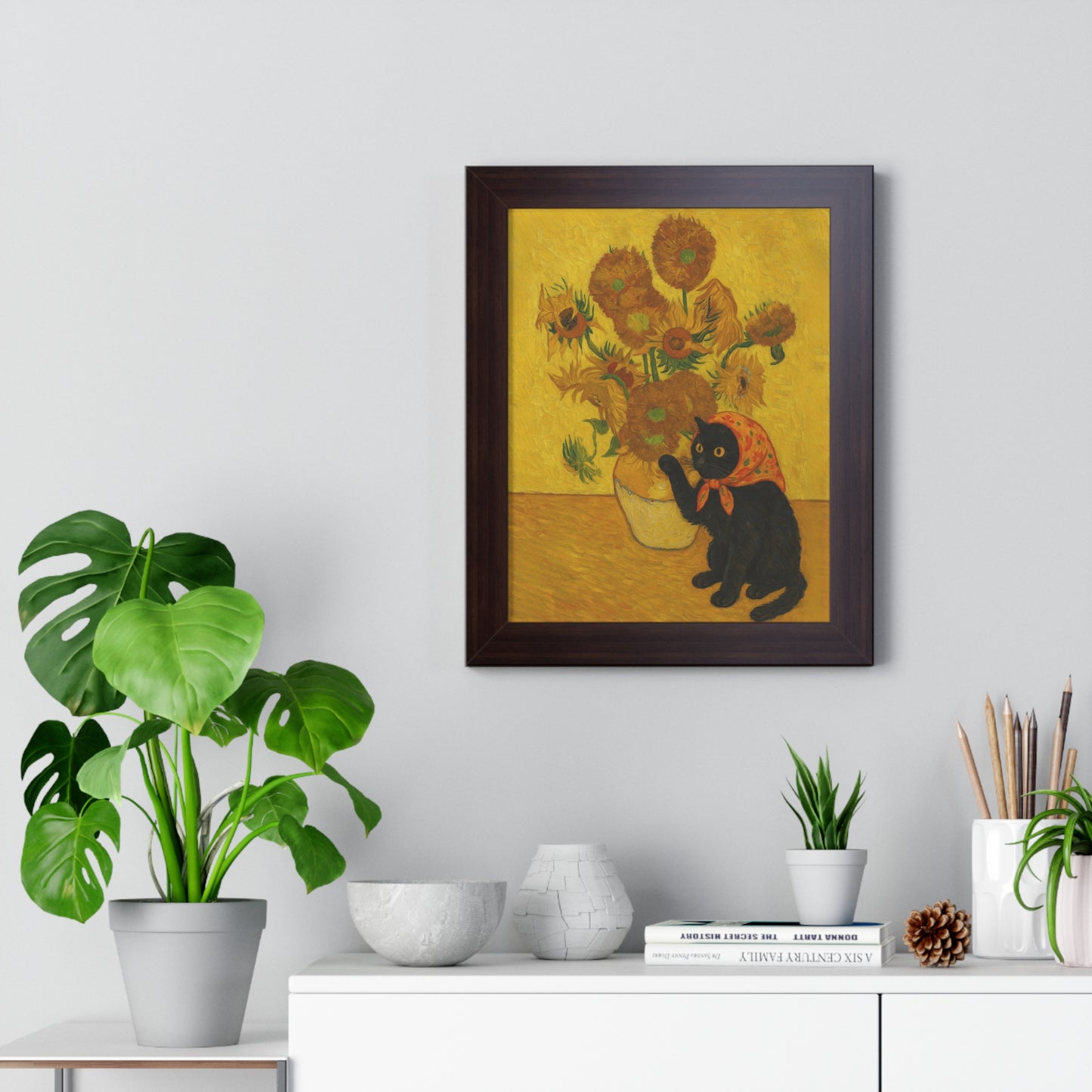 Babushka Cat X Vangogh Sunflowers Framed Poster