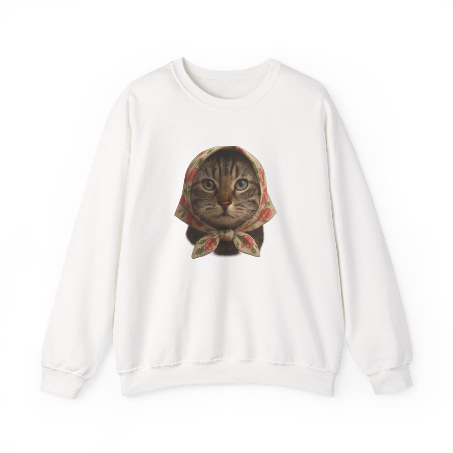 Babushka Cat Sweatshirt, Cozy Crewneck, Unisex Style for Cozy Everyday Wear