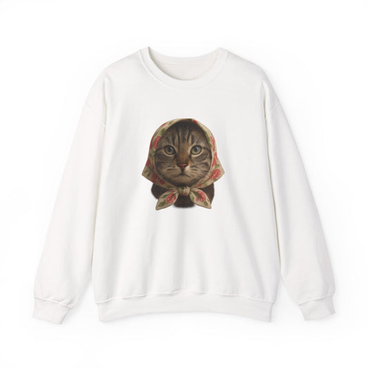 Babushka Cat Sweatshirt, Cozy Crewneck, Unisex Style for Cozy Everyday Wear