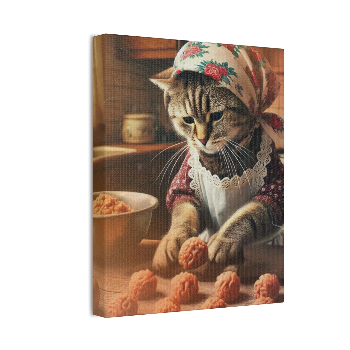 Babushka Nonna Cat Rolling Meatballs,  Kitty Kitschy Cat Art, Italian Nostalgia