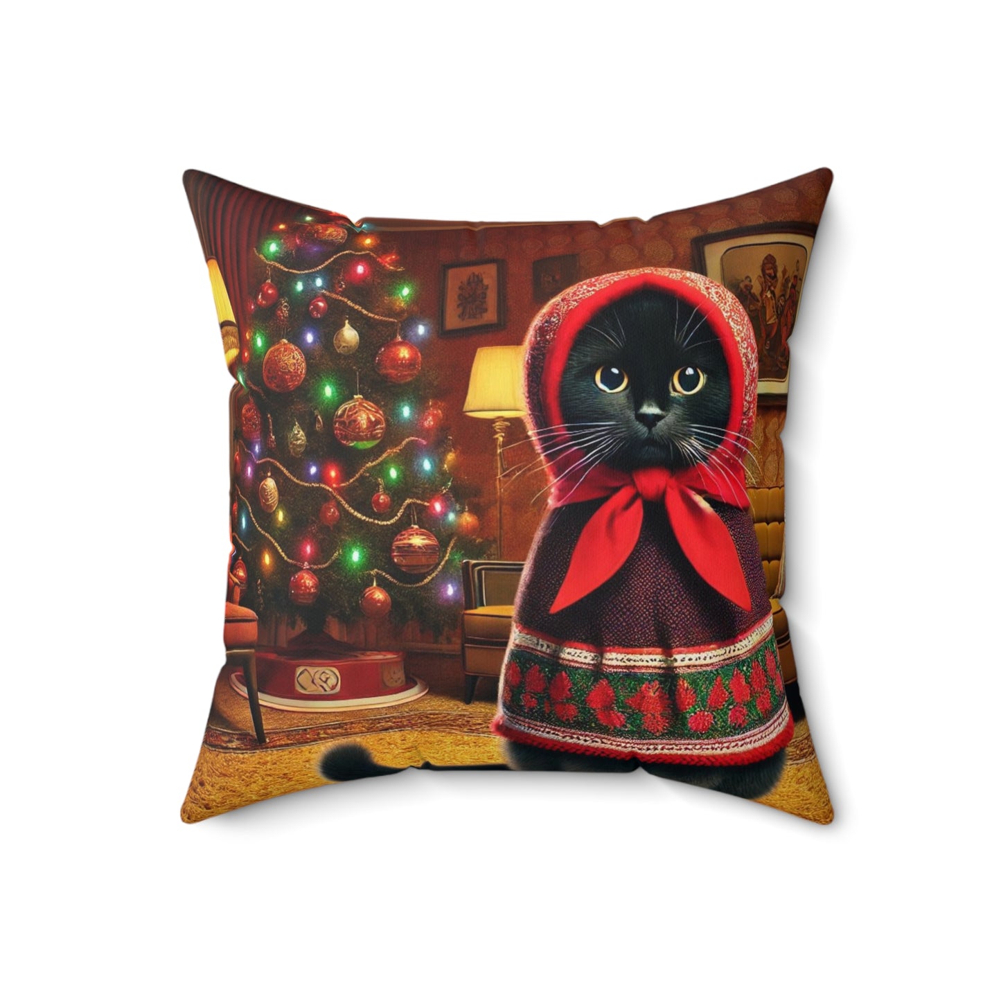 Black Babushka Cat Holiday Theme Polyester Square Pillow