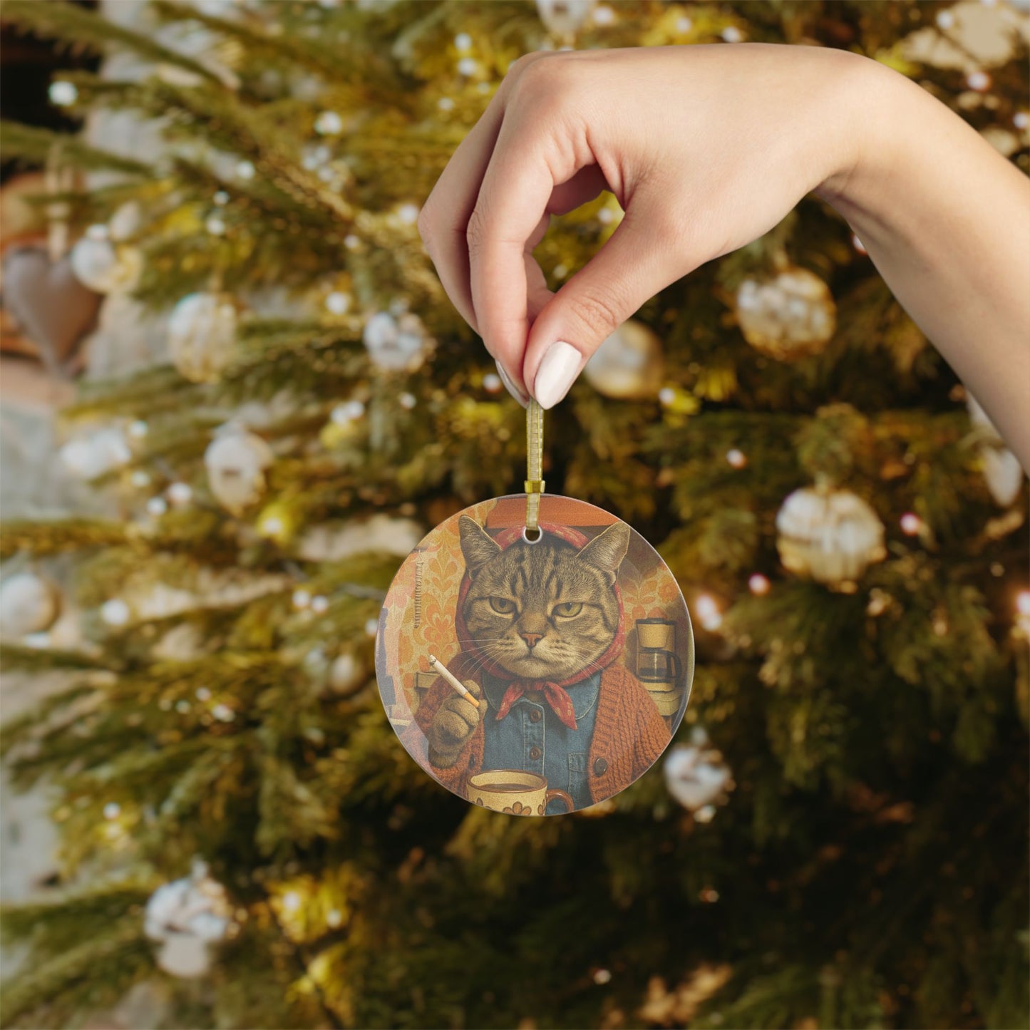 Babushka Cat Smoking Cat Glass Ornament
