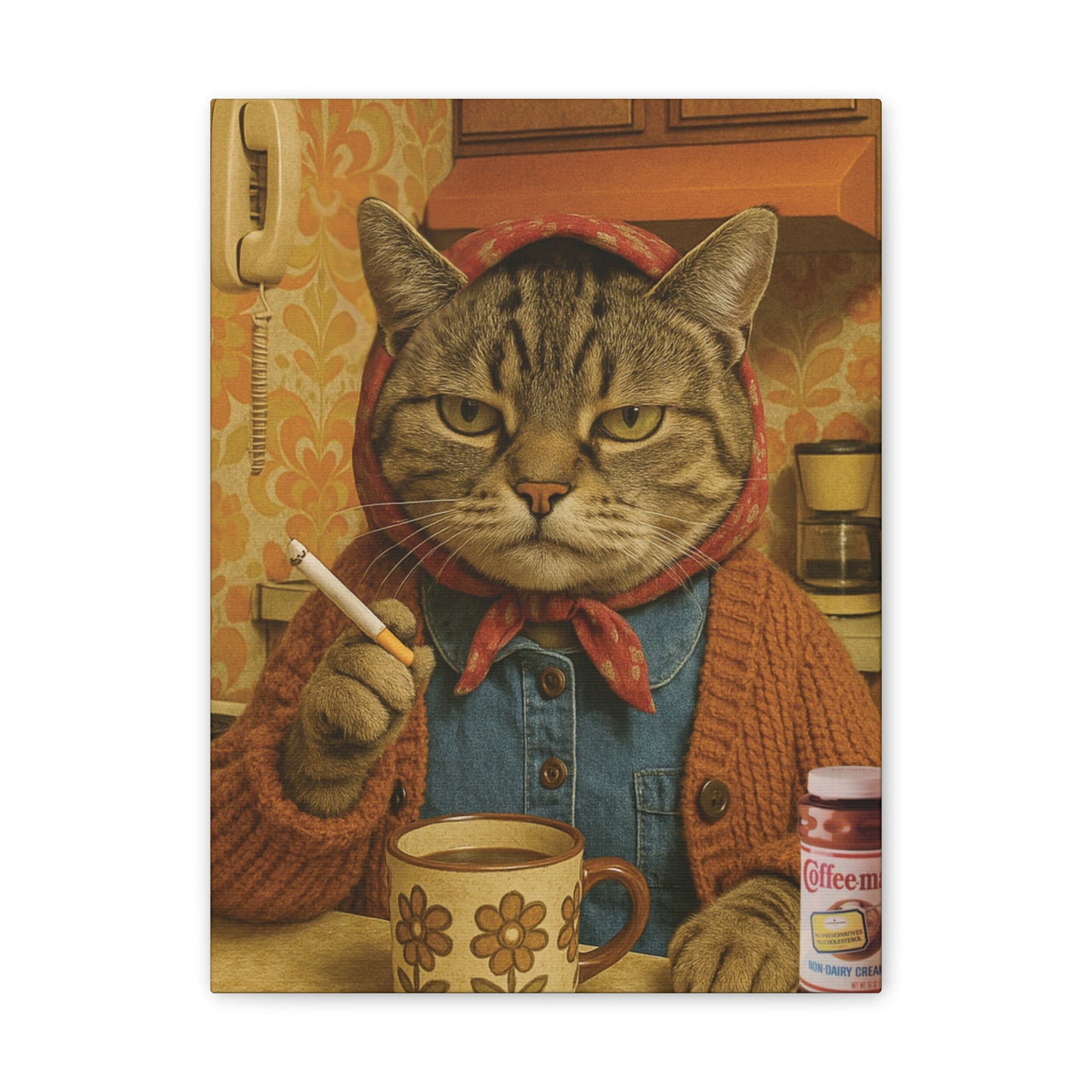 Babushka Cat Smoke Break Nostalgic Kitschy Cat Art Canvas