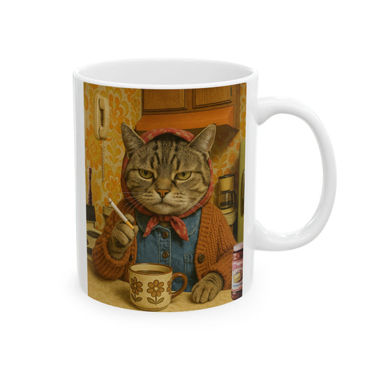 Babushka Cat Cig and Coffee Break, Cat Humor Ceramic Mug