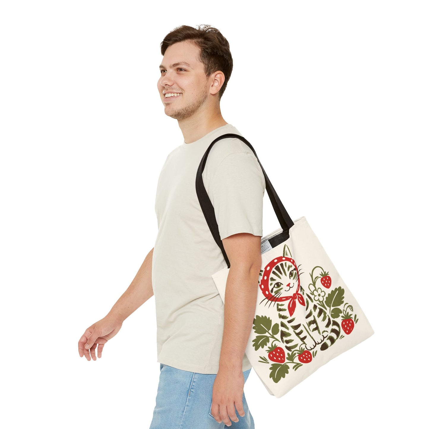 Babushka Cat Strawberry Patch Tabby Cat Tote Bag (AOP)