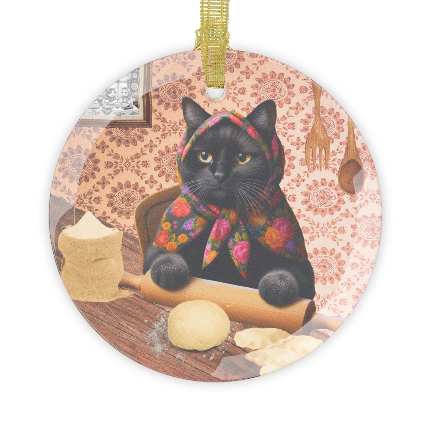 Babushka Pierogi Cat, Black Cat Ornaments 1 pc or 10 pc