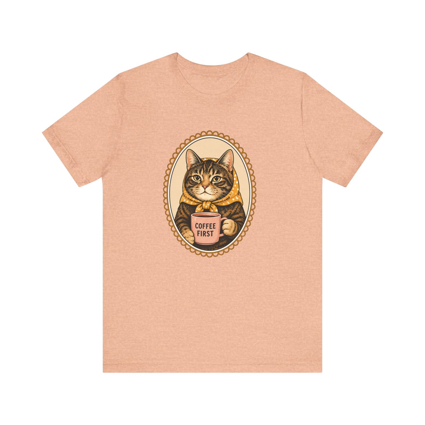 Babushka Cat Coffee First Cameo Design Tee