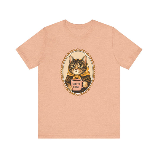 Babushka Cat Coffee First Cameo Design Tee