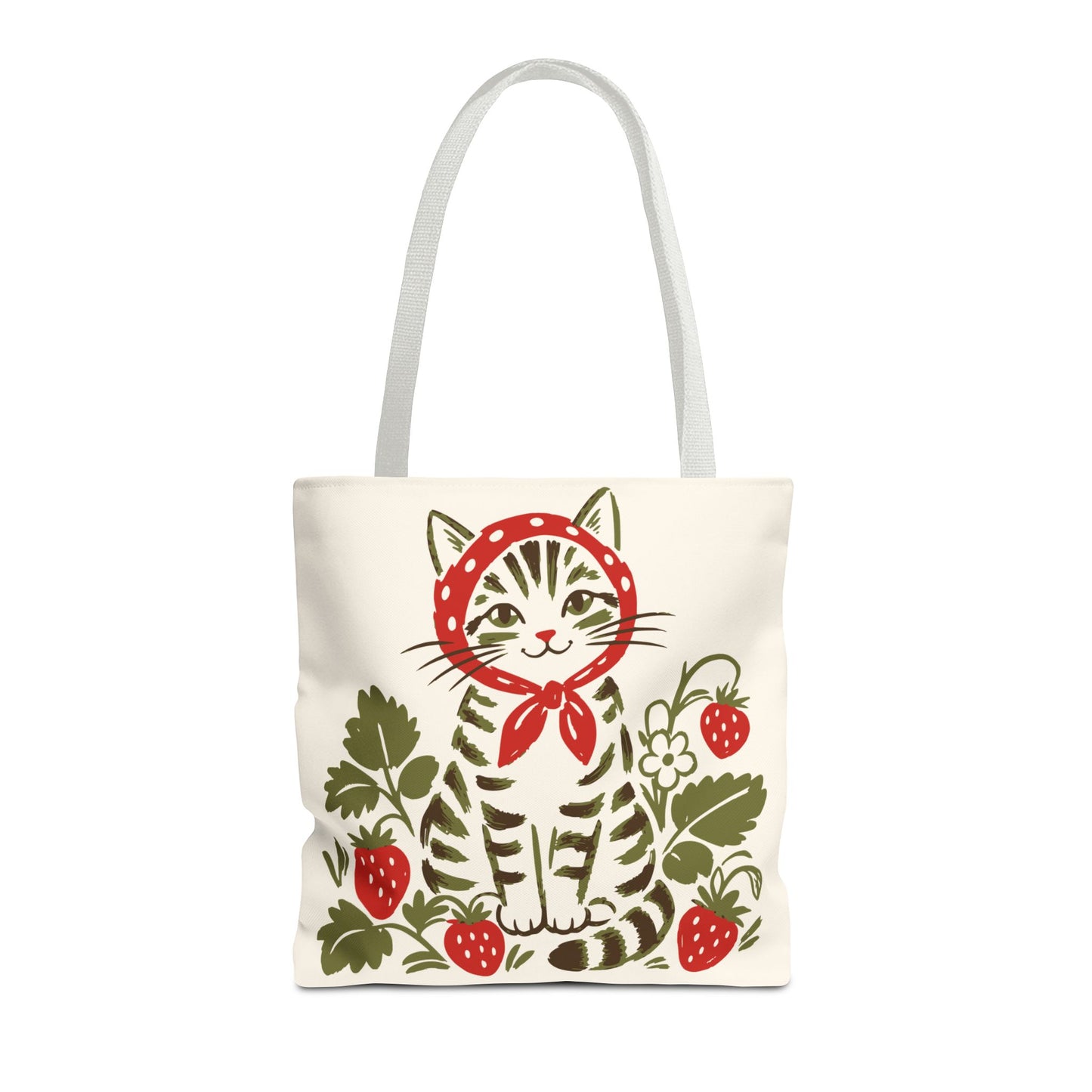 Babushka Cat Strawberry Patch Tabby Cat Tote Bag (AOP)
