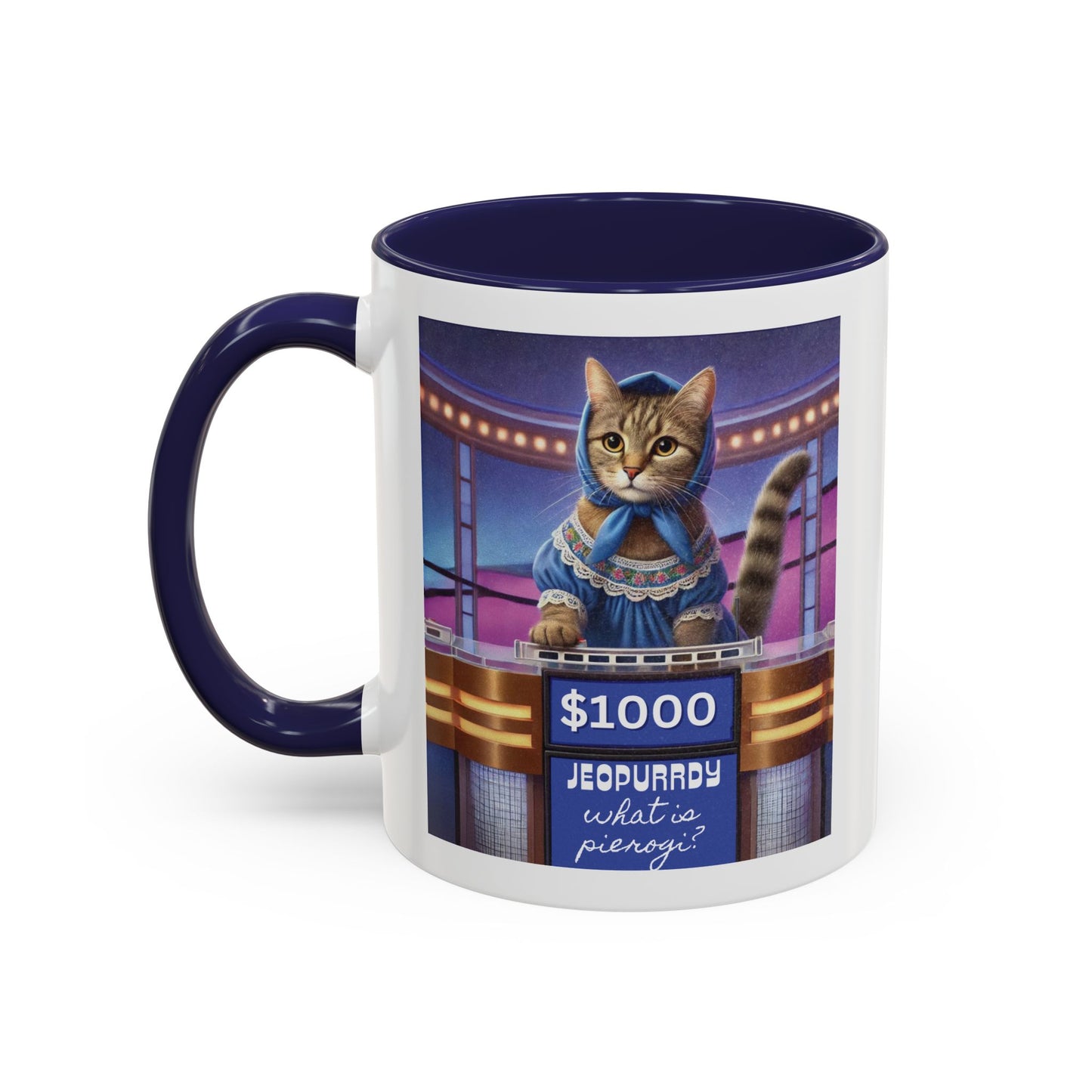 Babushka Cat Does Gameshow, Kitschy Cat Accent Coffee Mug (11 oz)