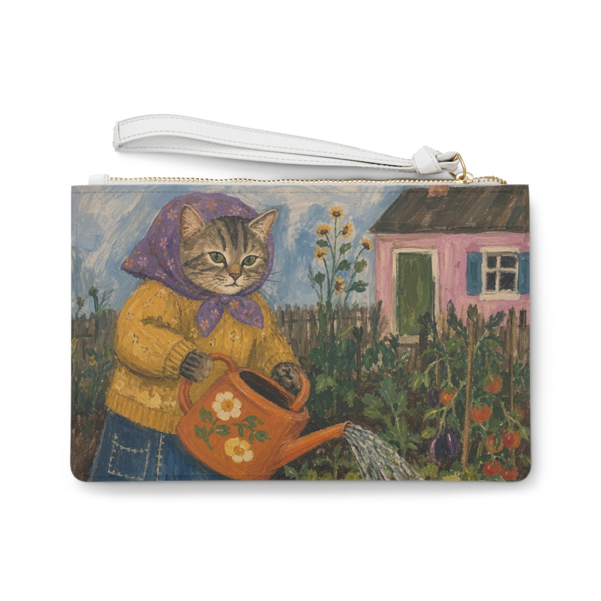 Babushka Cat Tends to Garden  Clutch Bag