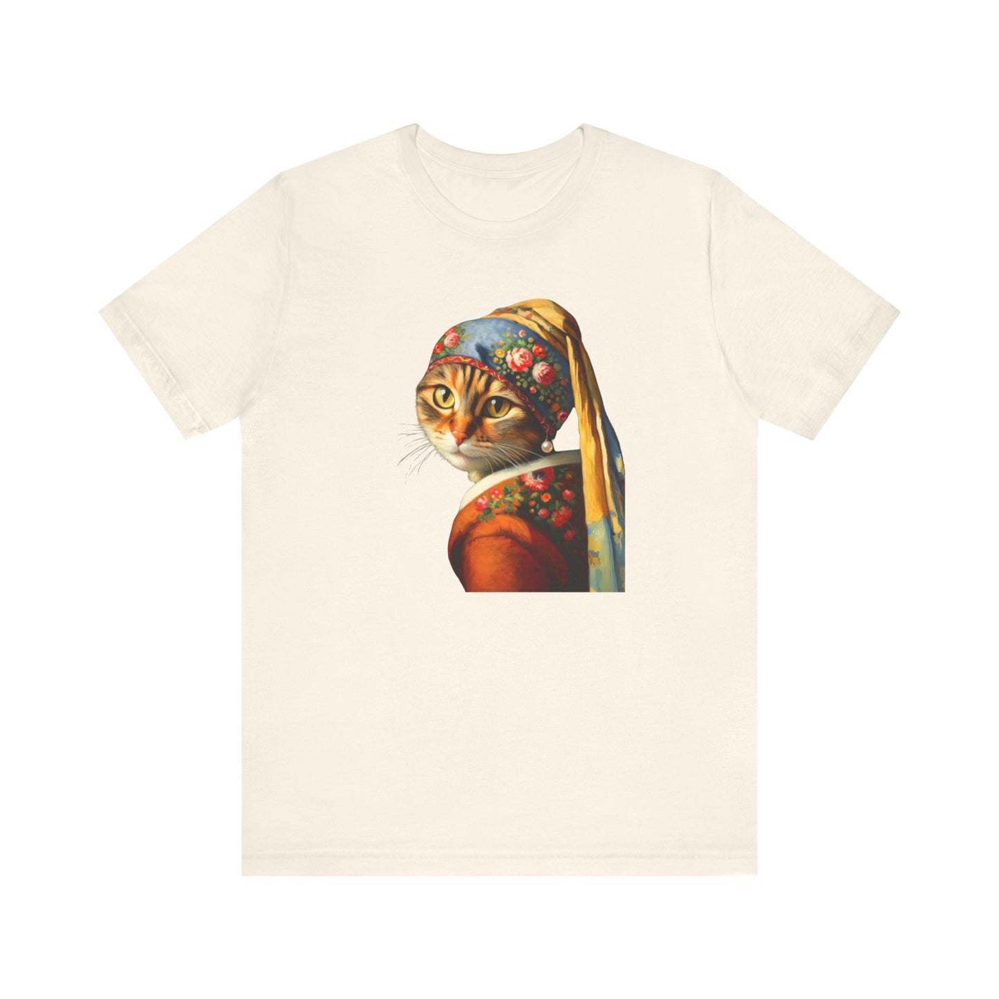 Babushka Cat With a Pearl Earring, Cat Art Parody Unisex Jersey Short Sleeve Tee for Cat Lovers