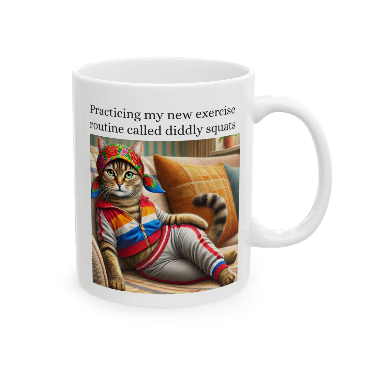 Babushka Cat Exercises, Funny Kitschy Ceramic Mug