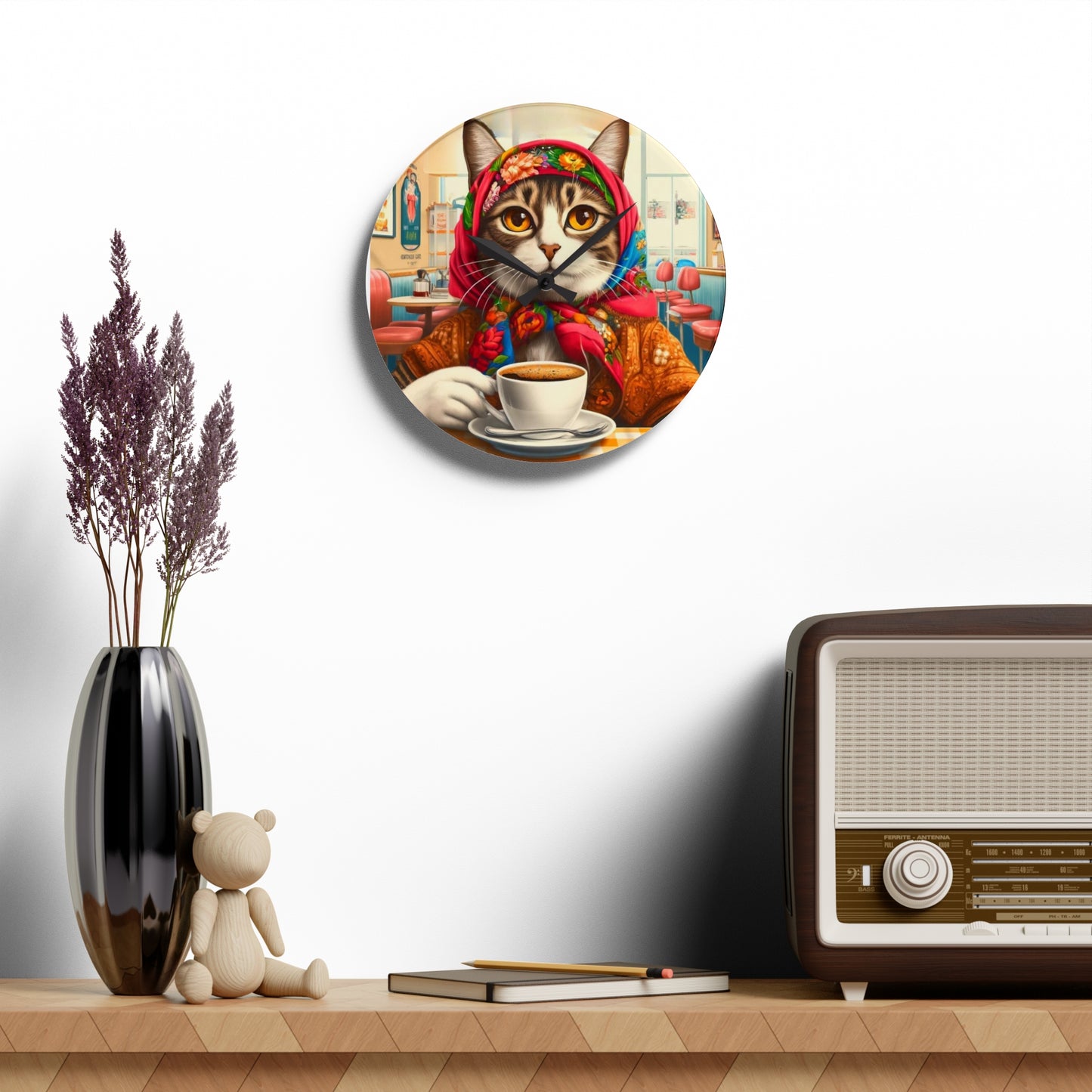 Babushka Cat Coffee Time Acrylic Wall Clock