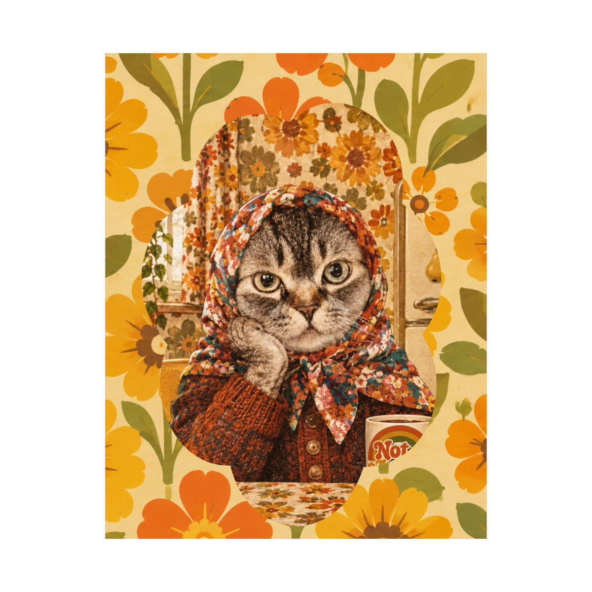 Babushka Cat Contemplating Matte Vertical Poster Wall Art