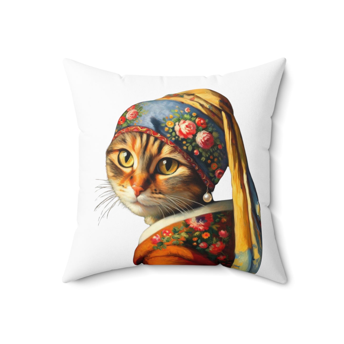 Babushka Cat with a Pearl Earring Spun Polyester Square Pillow