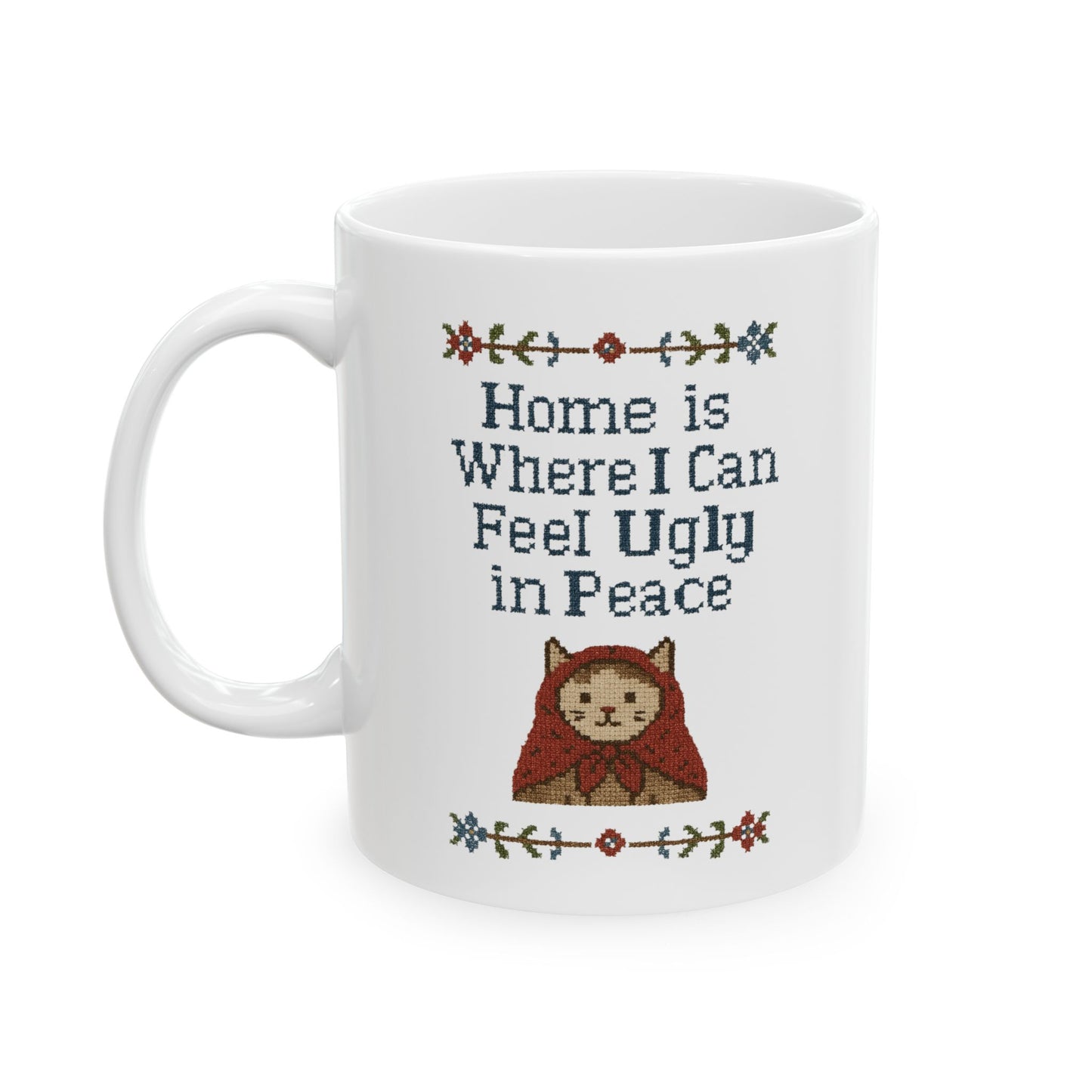 Babushka Cat Mug, Funny Cat Ceramic Mug - Faux Cross Stitch Look