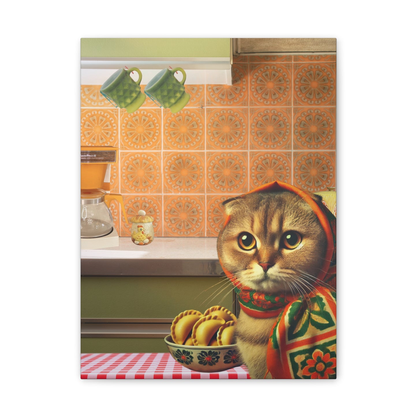 Babushka Cat Visits with Pierogi, Kitschy Wall Art, Polish Gifts, Polish Cat Canvas Art for Polish Cat Lovers