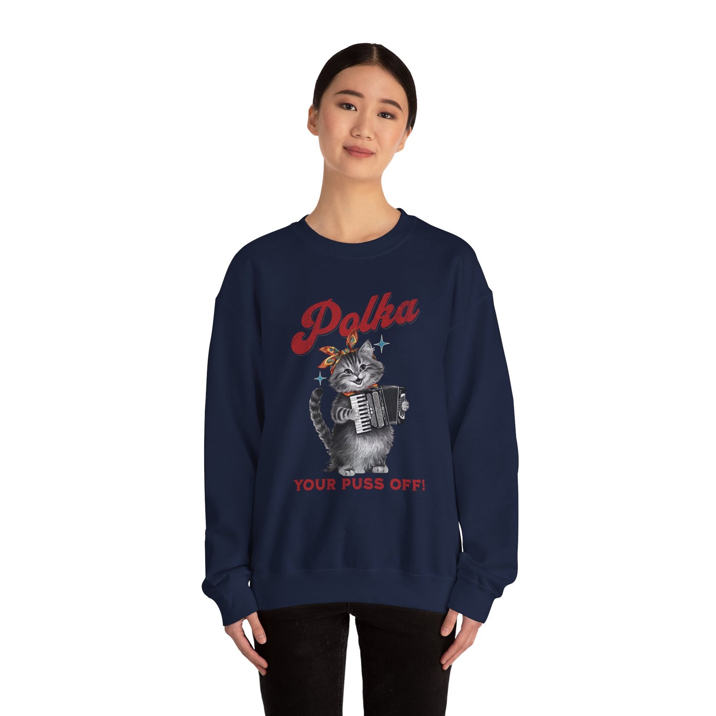 Polka Kitten-Accordion Playing Kitschy Cat Vintage Distressed Crewneck Sweatshirt