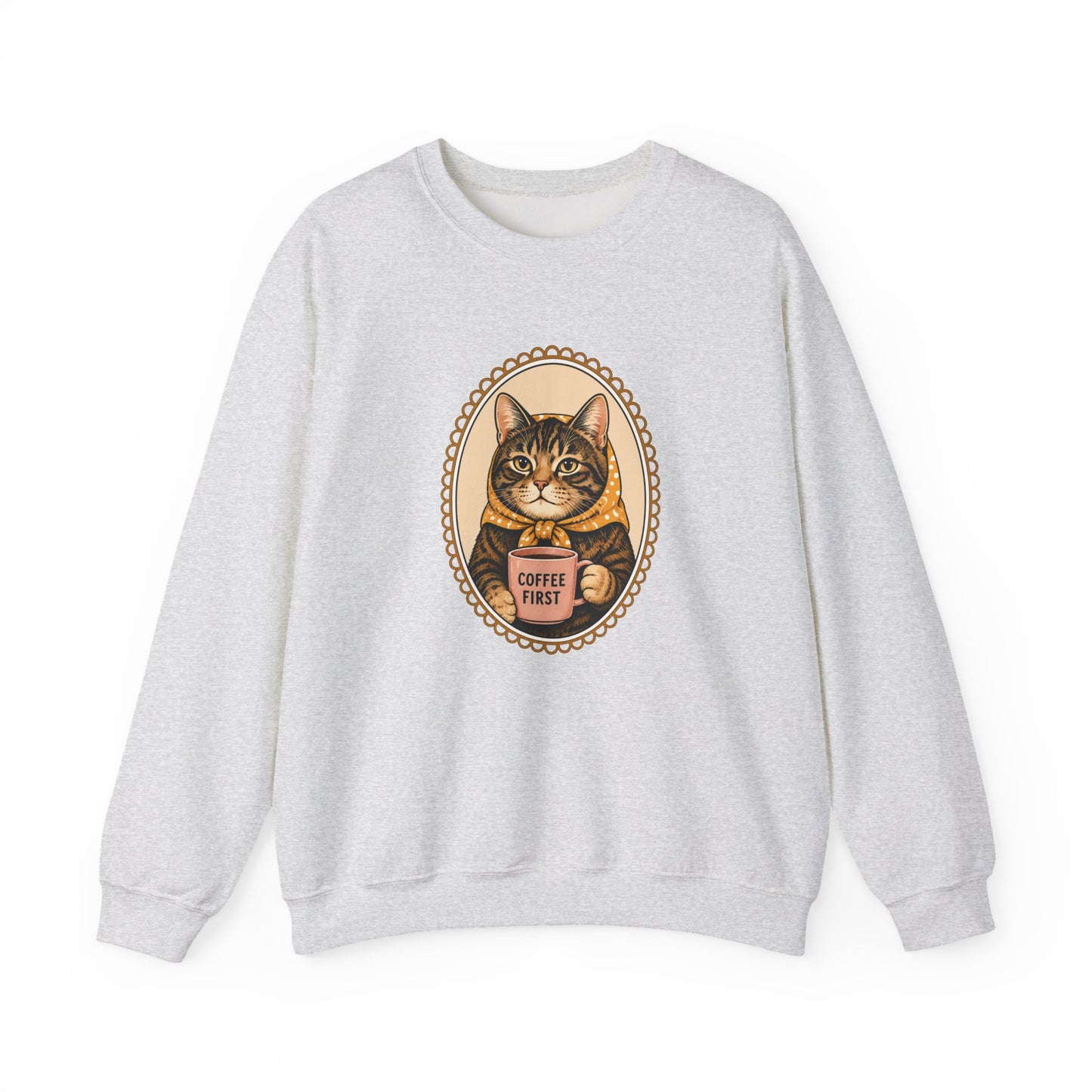 Babushka Cat Coffee First Unisex Heavy Blend™ Crewneck Sweatshirt