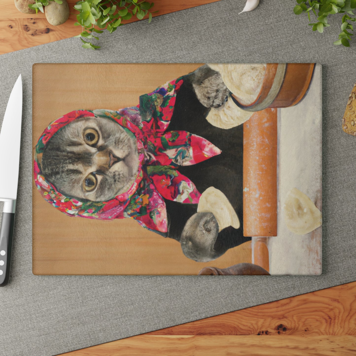 Babushka Pierogi Cat Glass Glass Cutting Board; Two Sizes Available