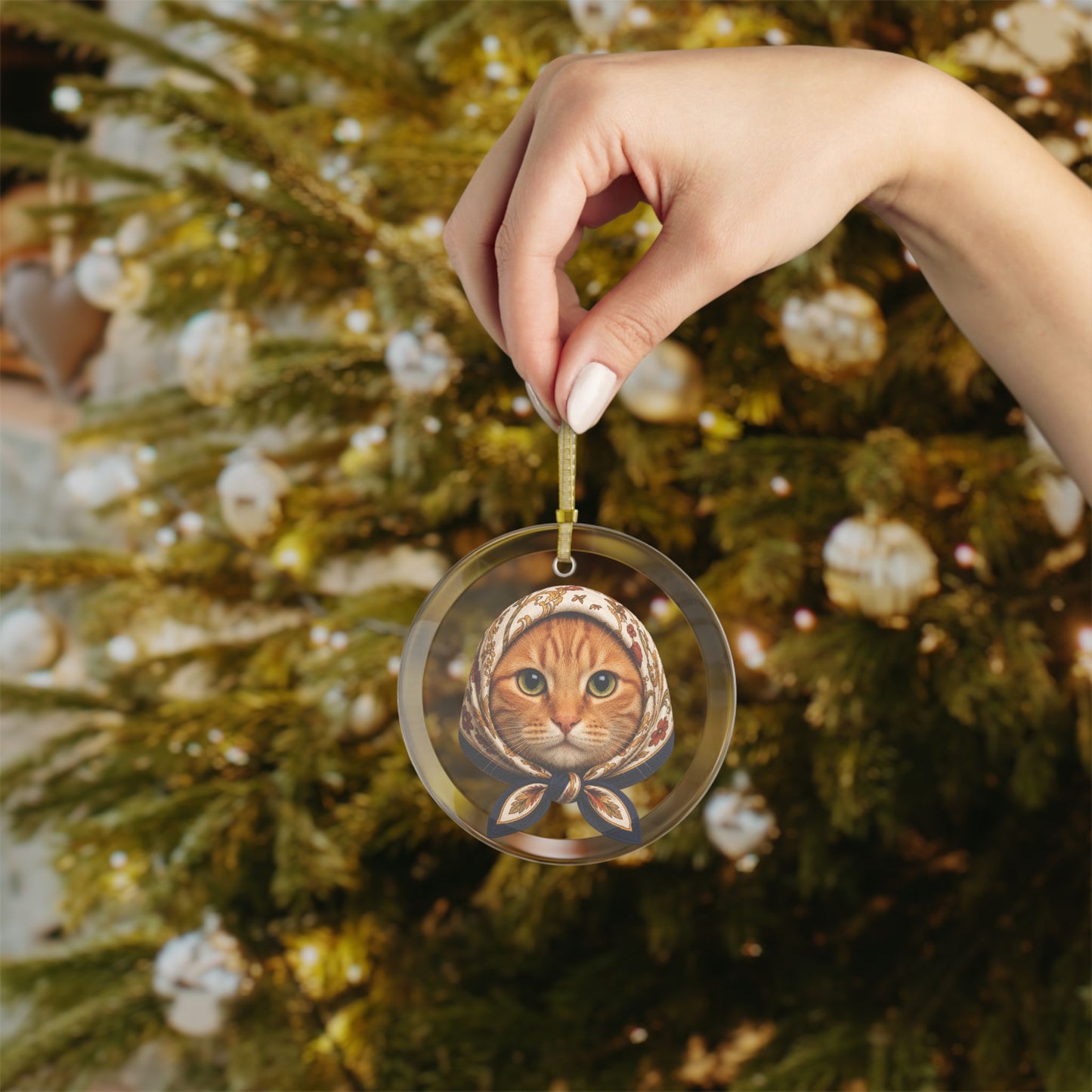 Babushka Orange Tabby Cat Glass Ornament