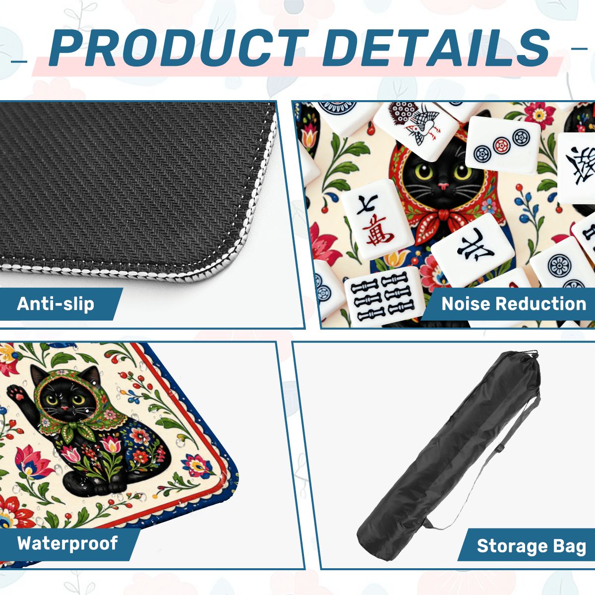 Babushka Black Cat Mahjong Mat 33"x33" (Ship Rolled up)