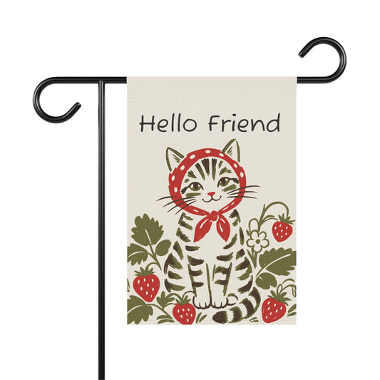 Babushka Cat Strawberry Hello Friend Garden Flag (no pole)