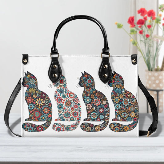 Folk Art Kitty Cat Wycinanki Theme Luxury Women PU Leather Handbag for Folk Art Lovers