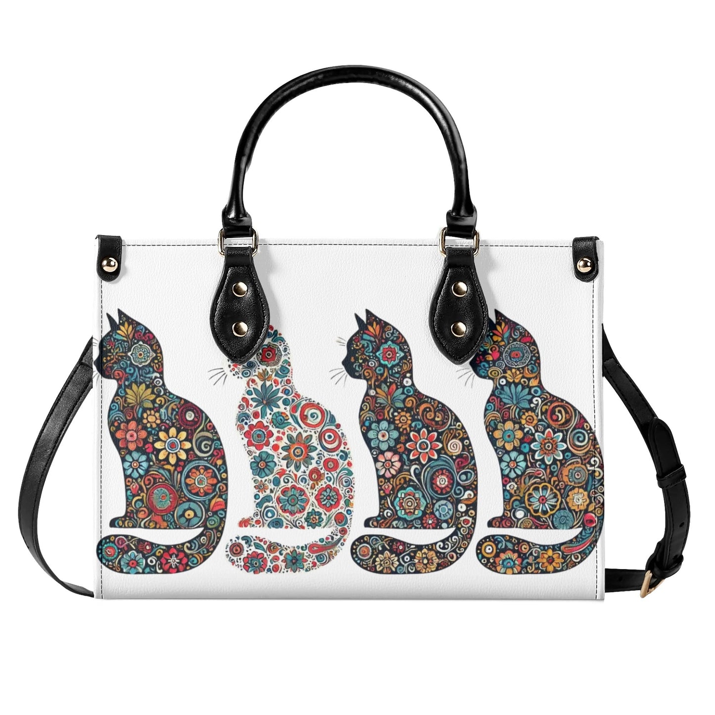 Folk Art Kitty Cat Wycinanki Theme Luxury Women PU Leather Handbag for Folk Art Lovers