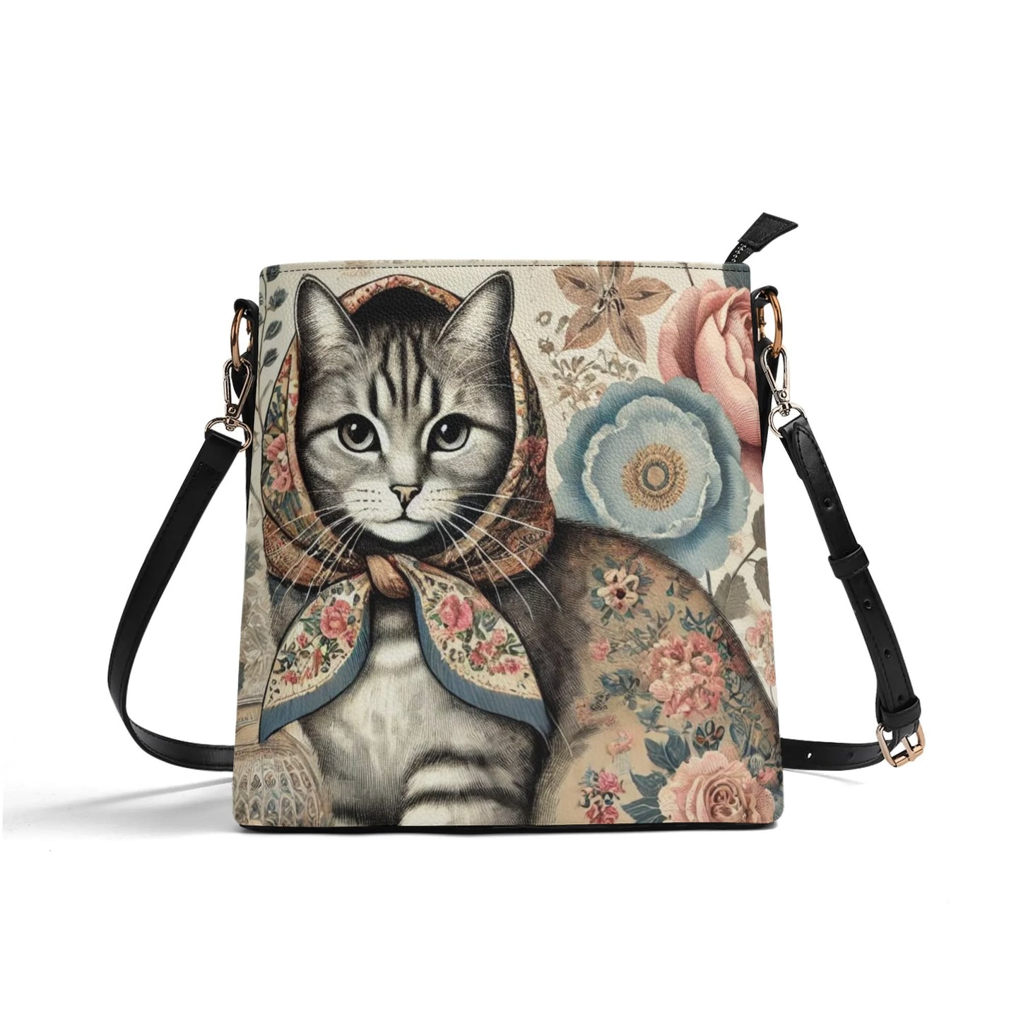 Vintage Style Babushka Cat Handbag, Womens PU Bucket Bag Shoulder Bag for Cat Lovers