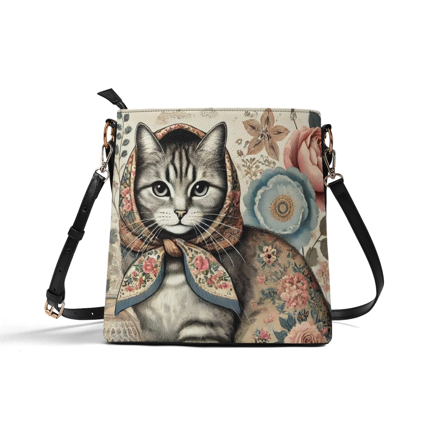 Vintage Style Babushka Cat Handbag, Womens PU Bucket Bag Shoulder Bag for Cat Lovers