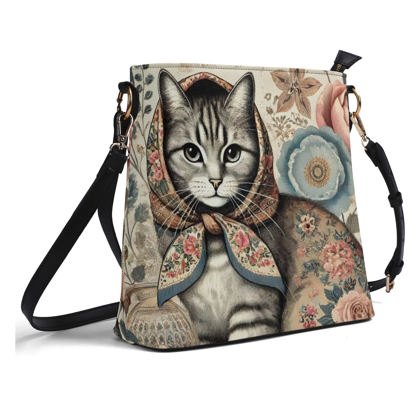 Vintage Style Babushka Cat Handbag, Womens PU Bucket Bag Shoulder Bag for Cat Lovers