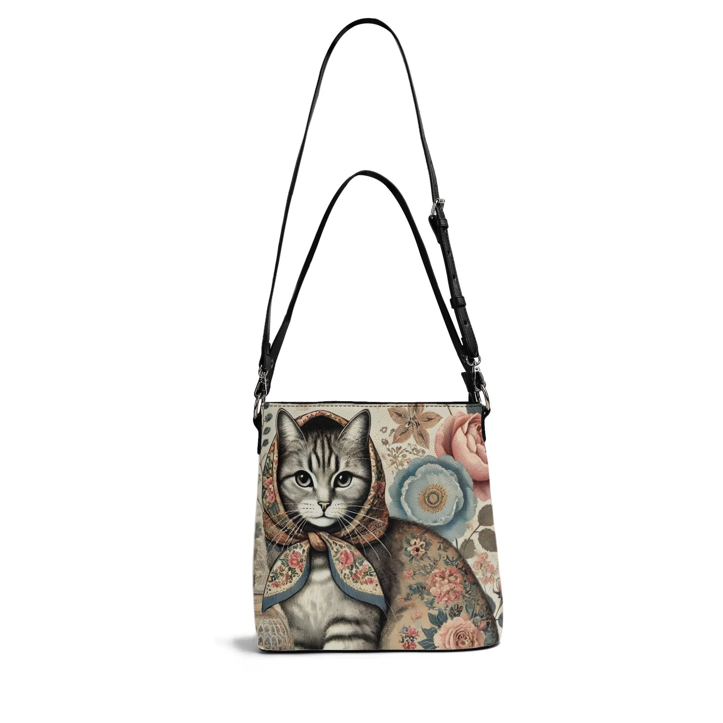 Vintage Style Babushka Cat Handbag, Womens PU Bucket Bag Shoulder Bag for Cat Lovers