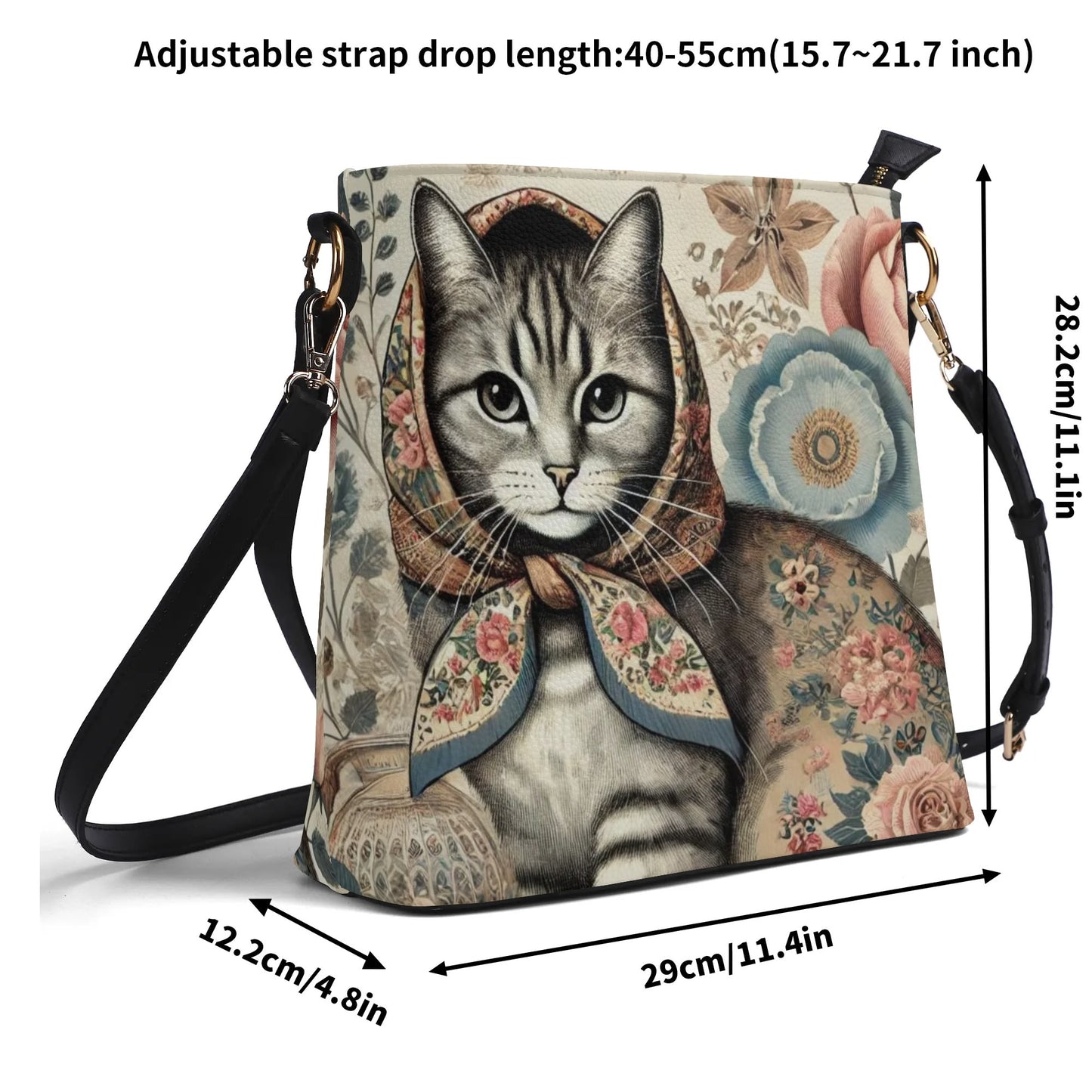 Vintage Style Babushka Cat Handbag, Womens PU Bucket Bag Shoulder Bag for Cat Lovers