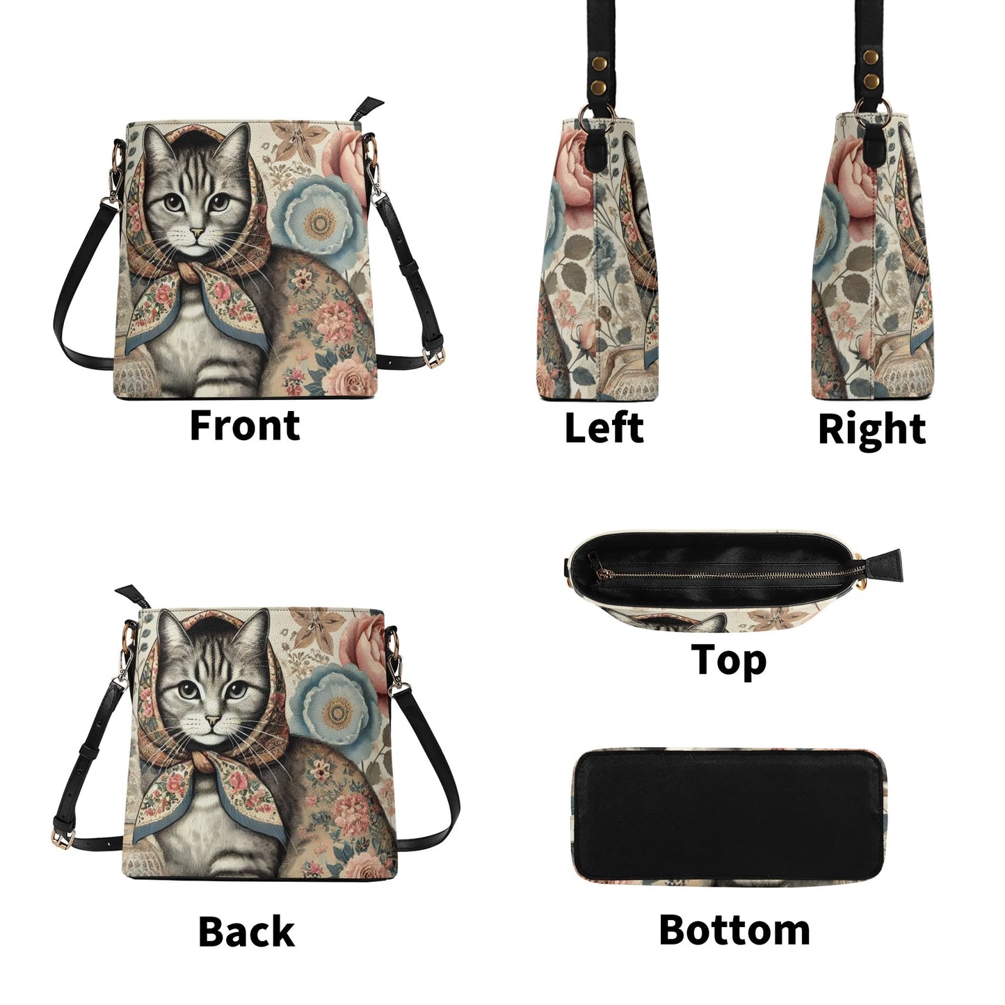 Vintage Style Babushka Cat Handbag, Womens PU Bucket Bag Shoulder Bag for Cat Lovers