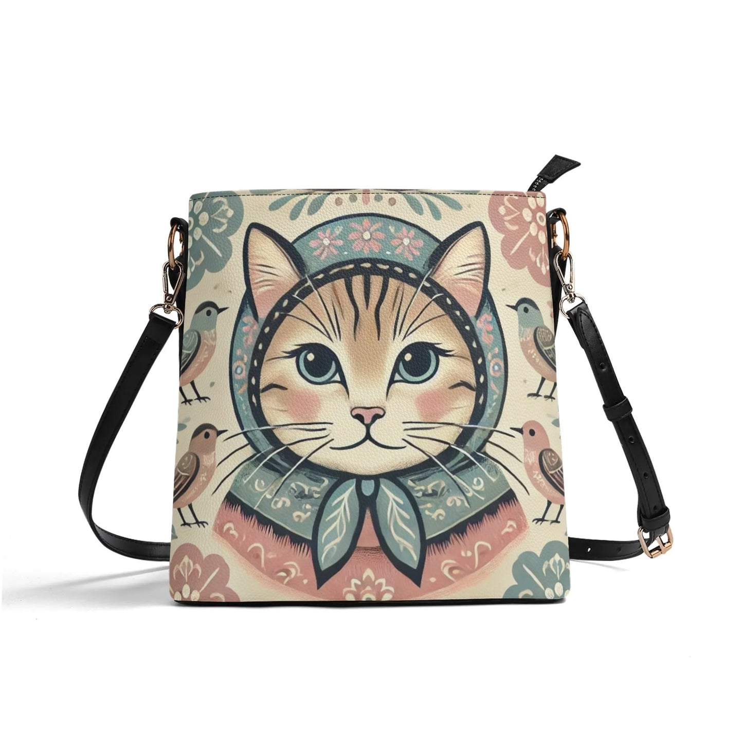 Sweet Vintage Babushka Cat Handbag, Womens PU Bucket Bag Shoulder Bag