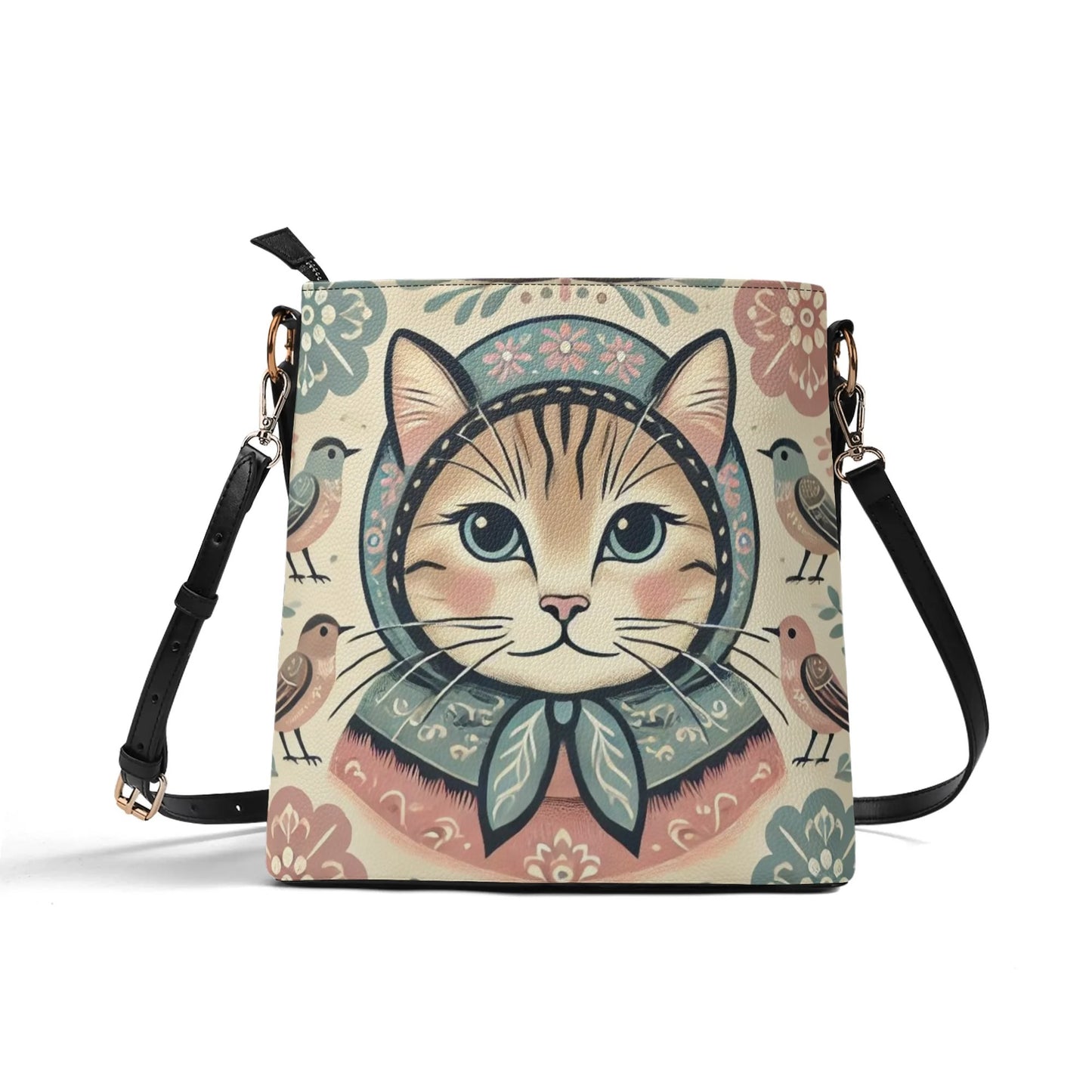 Sweet Vintage Babushka Cat Handbag, Womens PU Bucket Bag Shoulder Bag