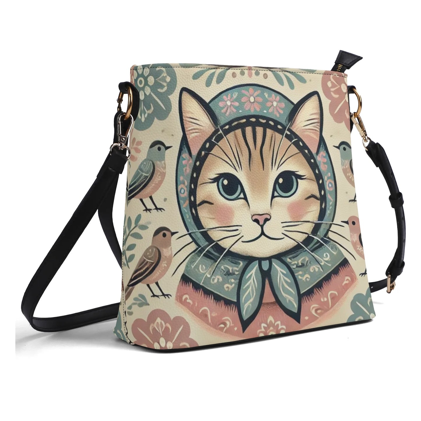 Sweet Vintage Babushka Cat Handbag, Womens PU Bucket Bag Shoulder Bag