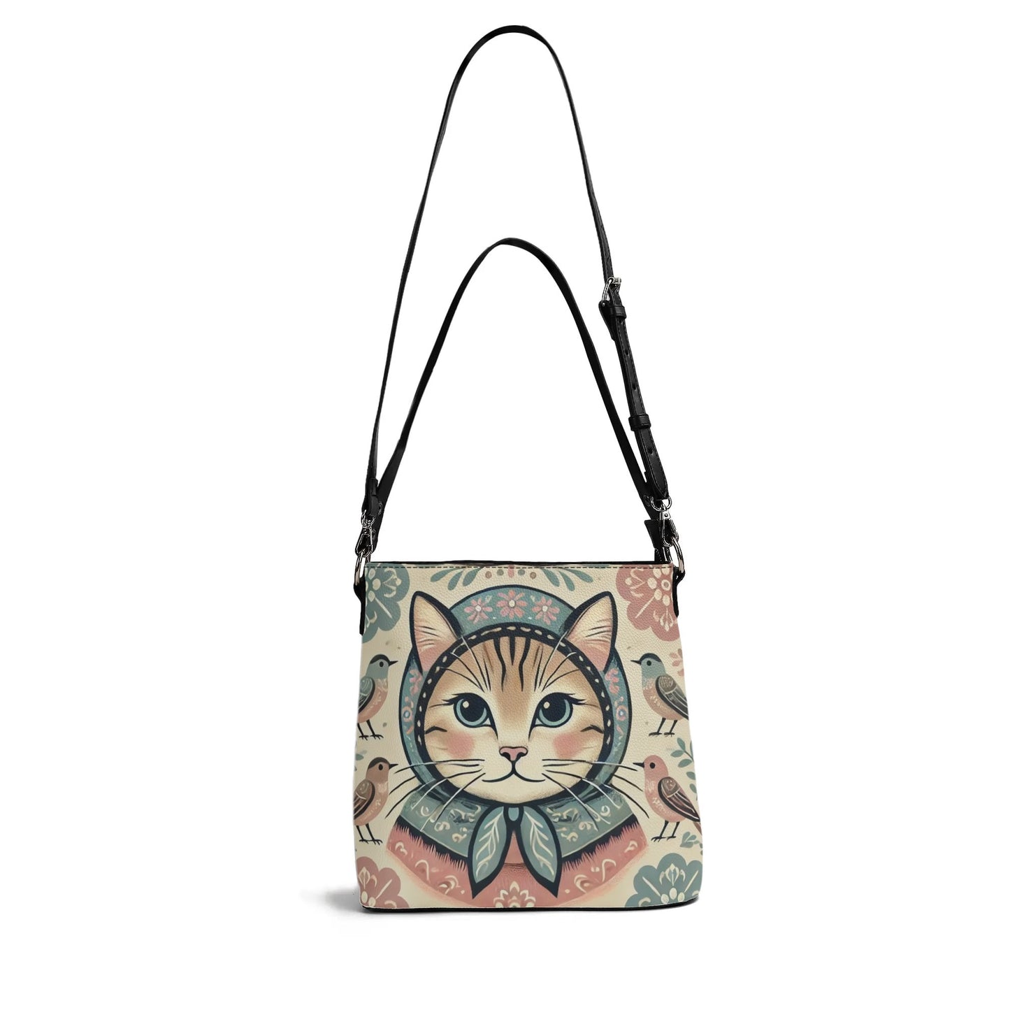 Sweet Vintage Babushka Cat Handbag, Womens PU Bucket Bag Shoulder Bag