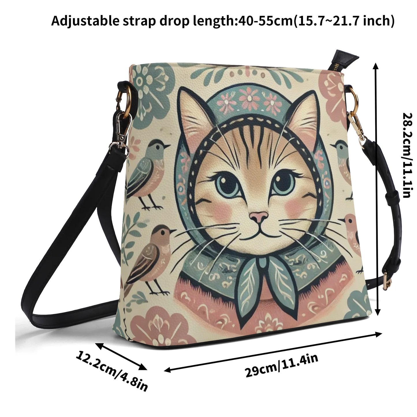 Sweet Vintage Babushka Cat Handbag, Womens PU Bucket Bag Shoulder Bag