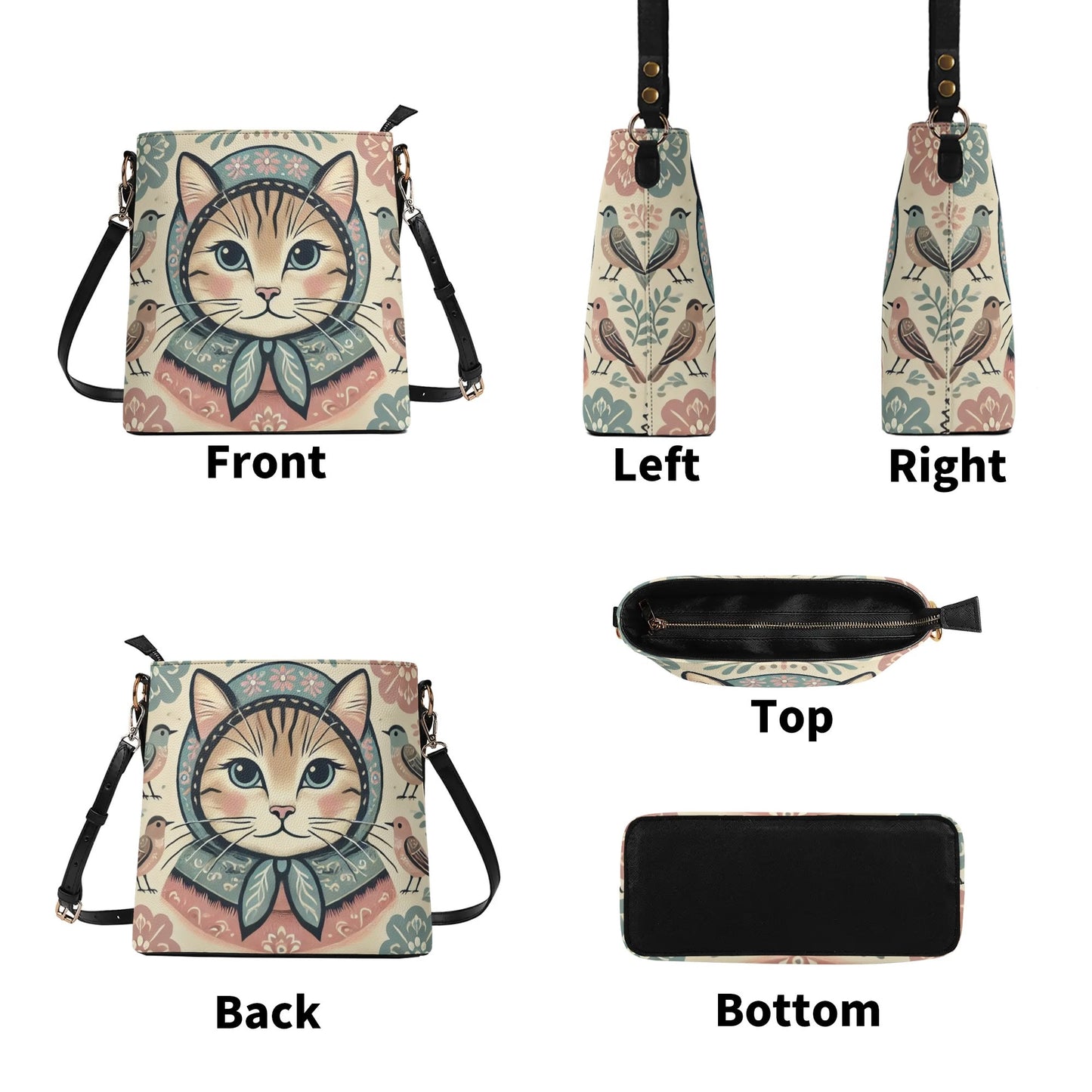 Sweet Vintage Babushka Cat Handbag, Womens PU Bucket Bag Shoulder Bag