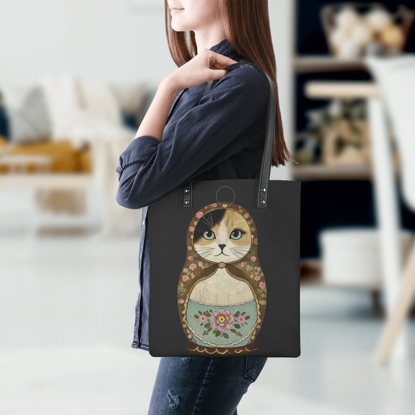 Catroyshka Cat PU Leather Handbag for Kitschy Cat Lovers