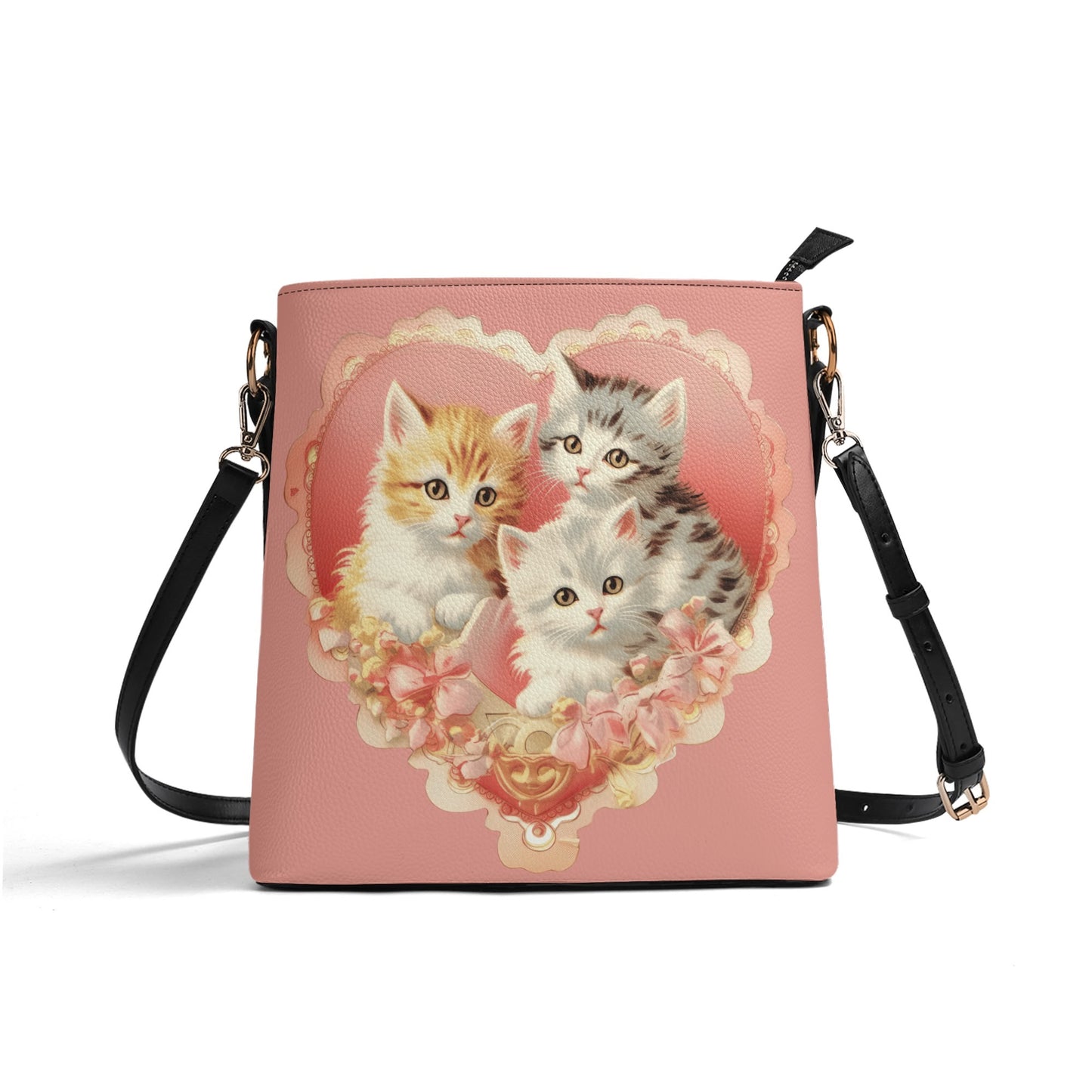 Vintage Kittens/Cat Handbag Womens PU Bucket Bag Shoulder Bag for Cat Lovers