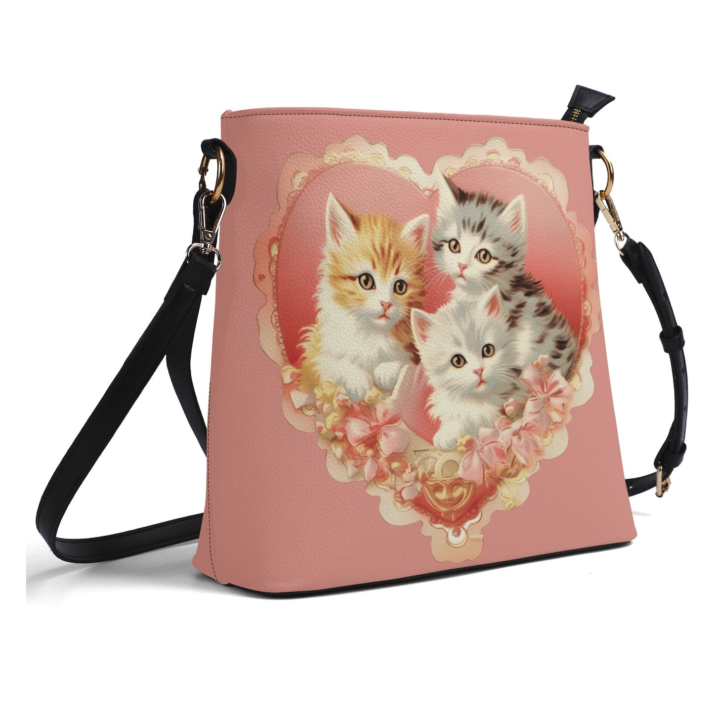 Vintage Kittens/Cat Handbag Womens PU Bucket Bag Shoulder Bag for Cat Lovers