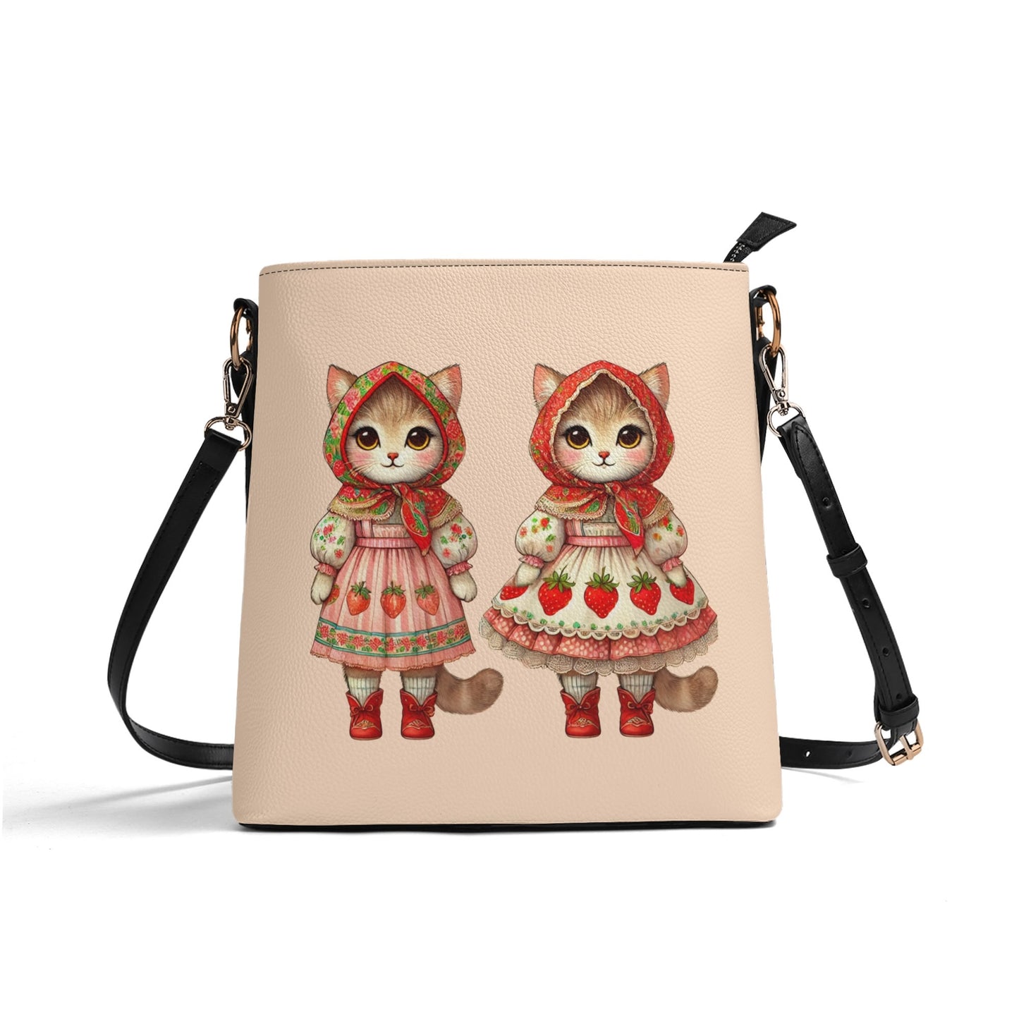 Strawberry Babushka Cat Kitschy Handbag Womens PU Bucket Bag Shoulder Bag for Cat Lovers