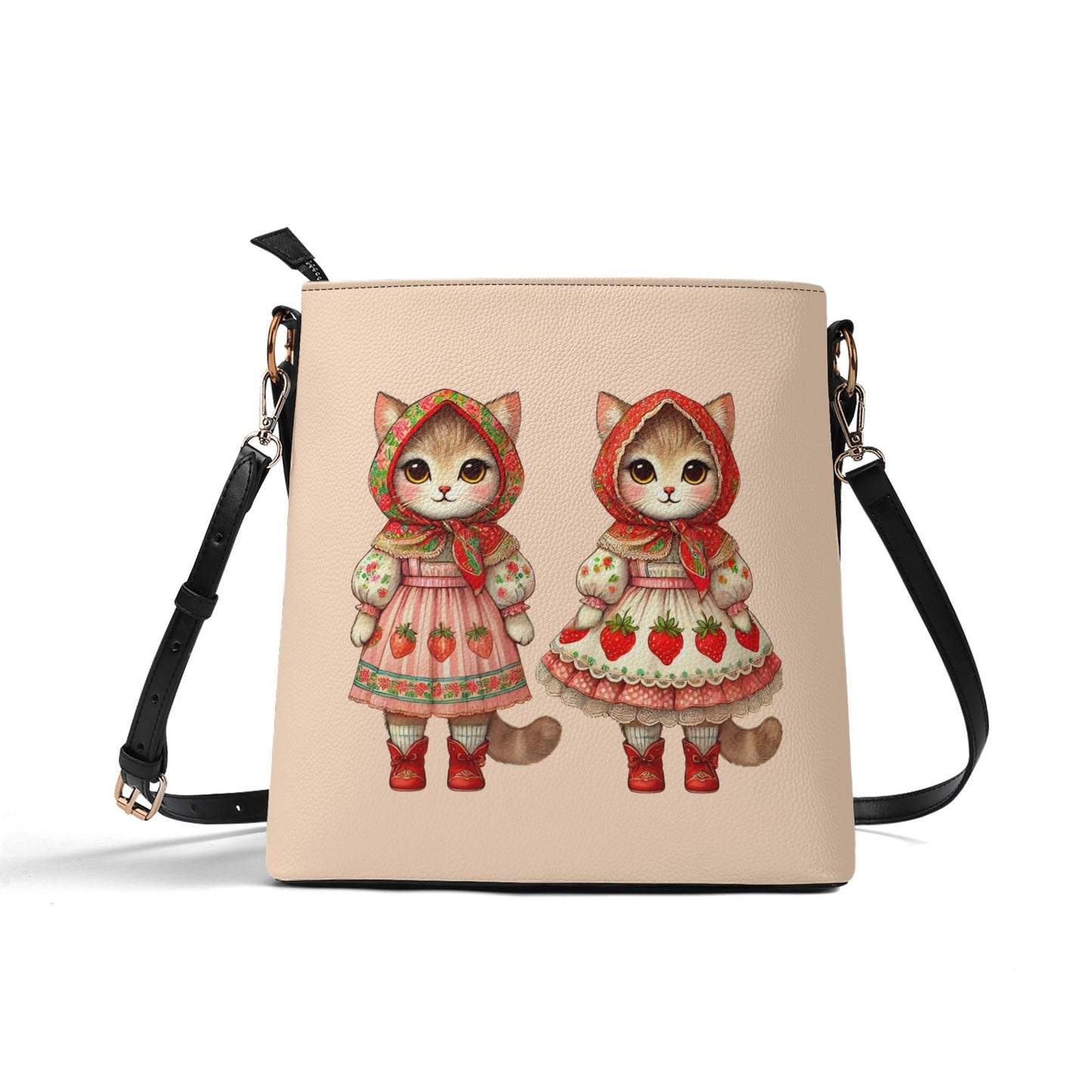 Strawberry Babushka Cat Kitschy Handbag Womens PU Bucket Bag Shoulder Bag for Cat Lovers