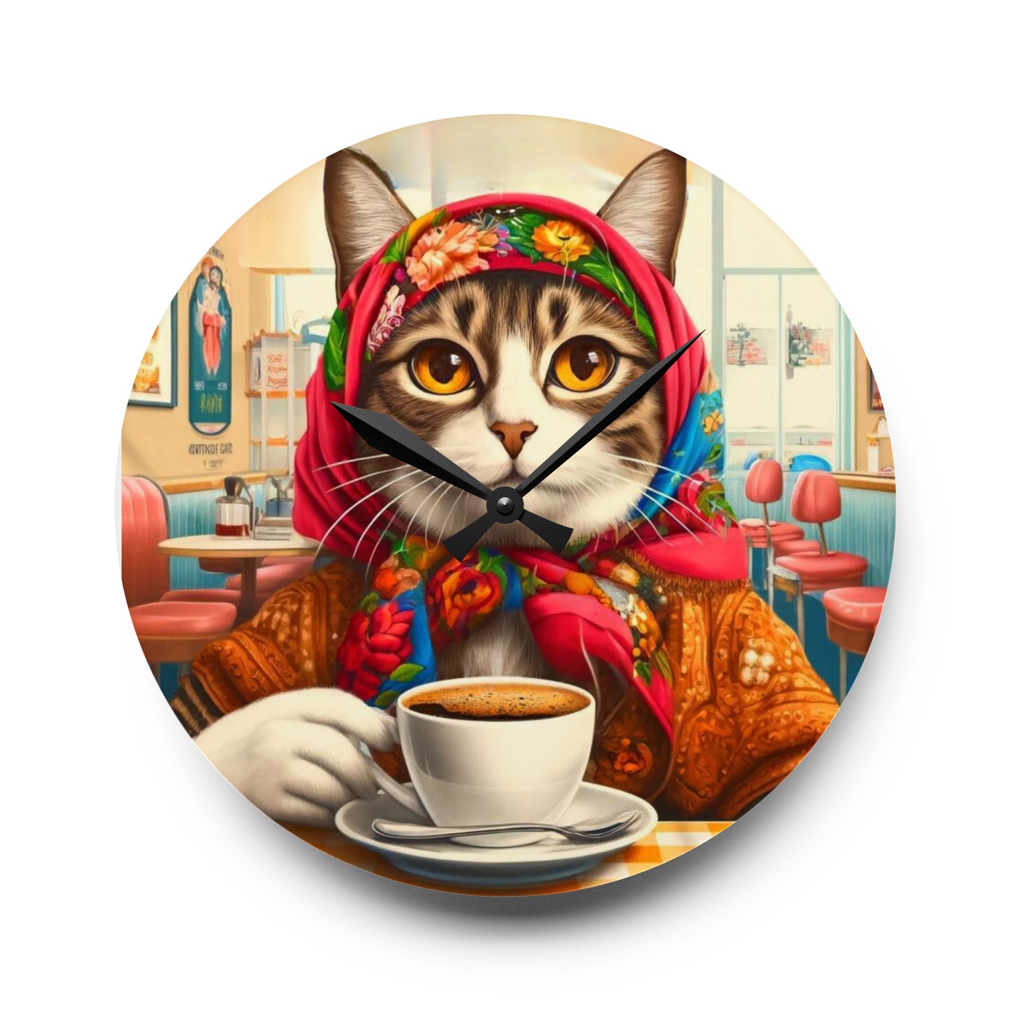 Babushka Cat Coffee Time Acrylic Wall Clock